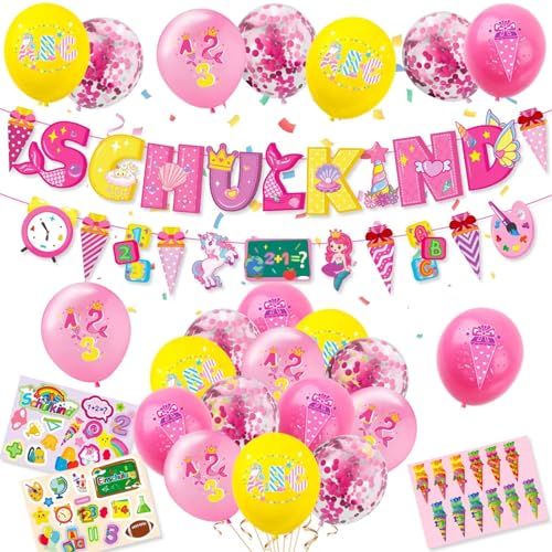 Q-WOOFF Einschulung Deko，Einschulung Mädchen，Schulanfang Deko，SCHULKIND Girlande，Zuckertüte Banner，22 Schulanfang Luftballon，3 Aufkleber Für Den Schulanfang，Einschulung Deko Mädchen（Rosa） (Rosa) von Q-WOOFF