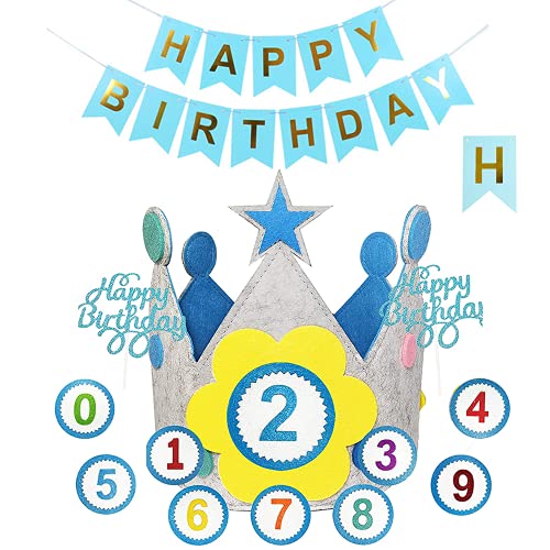 QAQHZW Geburtstagskrone Kinder Krone Basteln Mädchen Happy Birthday Partyhüte Junge Geburtstag Krone Stoff mit Auswechselbaren Zahlen von 0-9 Party Deko Set von QAQHZW