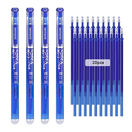 QAQHZW Löschbarer Gelstift Gelschreiber Ink Radierbar Kugelschreiber 0.5MM Tintenroller Stift Pens für Kinder Erwachsene Studenten, 4 Stücke Löschbare Gelstifte und 20 Friction Ersatzmine (Blaue) von QAQHZW