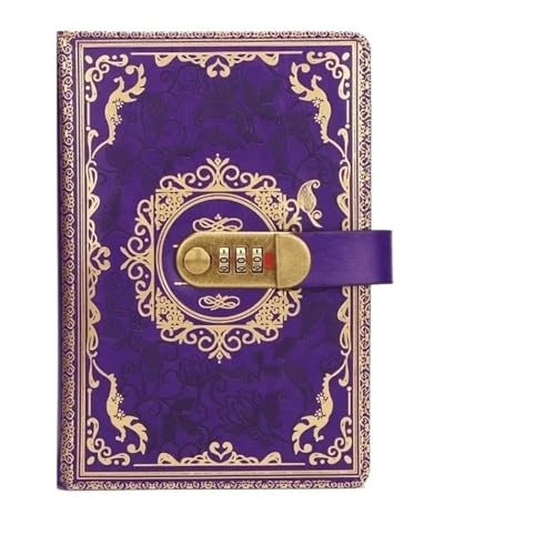 QAUUCP Vintage Journal A5 Retro-Passwort-Tagebuch mit Schloss, verdicktes Handbuch, Notizblock, Briefpapier-Notizbuch für Reisende(A5 Purple) von QAUUCP