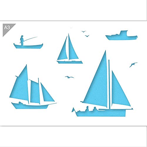 QBIX Boot Schablone - Segelboot Schablone - Fischerboot Schablone - Boote Schablone - A3 Größe - wiederverwendbare kinderfreundliche DIY Schablone zum Malen, Backen, Basteln, Wand, Möbel von QBIX
