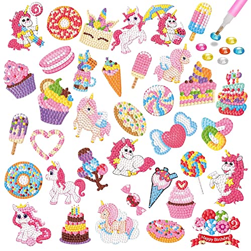 QCHMM Diamond Painting Sticker Set für Kinder, 36 Stücke DIY Einhorn Eiscreme Diamant Aufkleber Set, 5D Diamant Painting Kunst Mosaik Kits Geschenke Aufkleber Mädchen von QCHMM