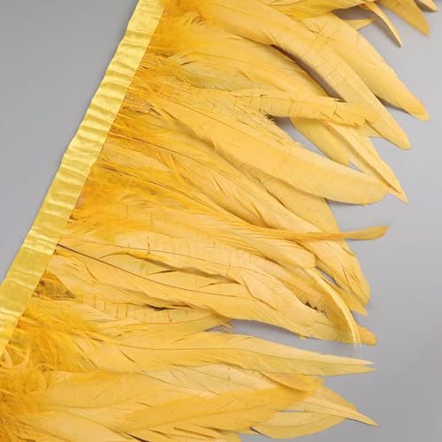 Federn Zierleisten Fransen Kleid Nähen Basteln 25–30 cm Hahnenfederbesatz, Hühnerfedern, Besatz, Hahnenschwanzfeder, Band, Kleid, Rock, Kostüm, Karneval, Dekoration(Gold Yellow) von QCKNKMGG