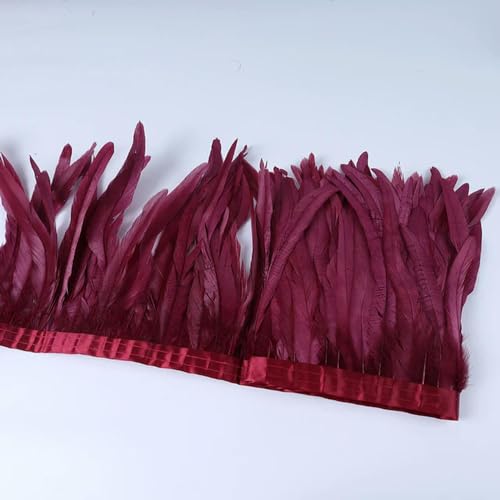 Federn Zierleisten Fransen Kleid Nähen Basteln Hahnenfederbesatz, 2 m, Hahnenschwanzfeder, Fransen, DIY-Kunsthandwerk for Kleidung, Band, Karnevalszubehör(Wine Red) von QCKNKMGG