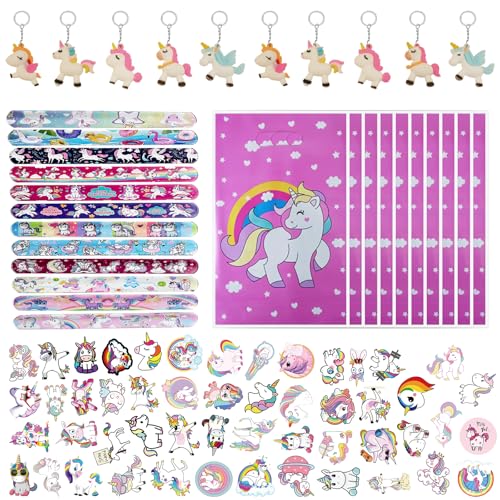 Einhorn Mitgebsel Kindergeburtstag Gastgeschenke, 82pcs Kinder Geburtstag Mitbringsel Set mit Geschenktüten Schnapparmbänder Schlüsselanhänger Stickers, Party Kleine Geschenke Give Aways Mädchen von QDUODUO