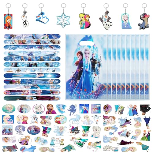 Froze Mitgebsel Kindergeburtstag Gastgeschenke, 80pcs Geburtstag Mitbringsel Set mit Geschenktüten Schnapparmbänder Schlüsselringe Stickers, Eiskönigin Eisa Party Kleine Geschenke Give Aways Mädchen von QDUODUO