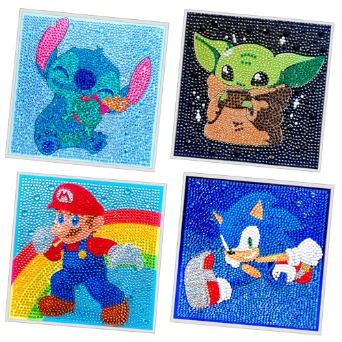 QDUODUO Diamond Painting 4er Set für Kinder ab 6 Jahre und Erwachsene Anfänger, 4 Stück Cartoon 5D Diamant Malerei Bilder, 20x20cm Kleine DIY Mosaikherstellung Kunst Kit für Home Deko und Geschenke von QDUODUO