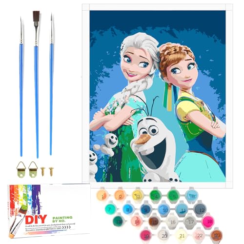 QDUODUO Eiskönigin Malen Nach Zahlen für Kinder und Erwachsene Anfänger, 40x50cm Groß Cartoon Eisa Anla Prinzessin Painting mit Leinwand Pinseln Acrylfarben, DIY Gemälde Kit für Mädchen ab 6 Jahre von QDUODUO