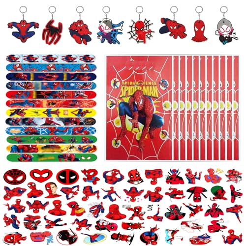 Spidey Mitgebsel Kindergeburtstag Gastgeschenke, 80pcs Kinder Geburtstag Mitbringsel Set mit Geschenktüten Schnapparmbänder Schlüsselanhänger Stickers, Party Kleine Geschenke Give Aways für Jungen von QDUODUO