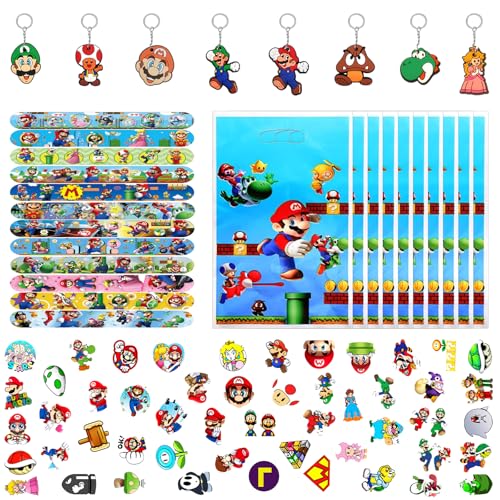 Super Bros Mitgebsel Kindergeburtstag Gastgeschenke, 80pcs Kinder Geburtstag Mitbringsel Set mit Geschenktüten Schnapparmbänder Schlüsselanhänger Stickers, Party Kleine Geschenke Give Aways Jungen von QDUODUO