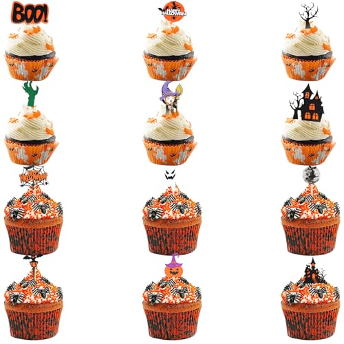 12 Stück Cupcake Topper Tortendeko Halloween, Geist Halloween Cupcake Toppers, Schwarz Geist Tortendeko, Halloween Tortendeko, Desserteinlage Halloween, für Happy Halloween Spooky Ghost Theme Party von QEEROYO