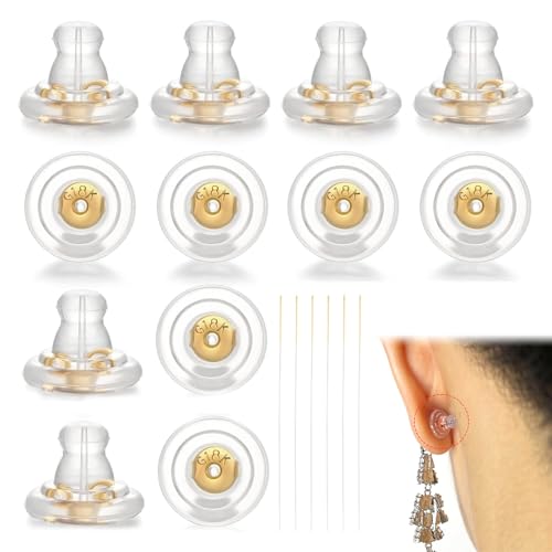 12 Stück Ohrstecker Verschluss Silikon, Ohrstecker Verschluss Rohlinge Ohrring Silikon, Universal Ohrring Stopper Silikon, 18K Gold, Hypoallergener Silikon-Ersatz für Ohrstecker/hängende Ohren von QEEROYO