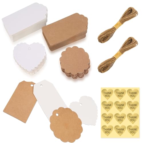 120 Stück Geschenkanhänger Kraftpapier, Geschenk Anhänger, Geschenkanhänger Etiketten, Kraftpapier Etiketten Tags mit Jute Schnur für Hochzeit Geburtstag Ostern Weihnachten Geschenke Handmade Label von QEEROYO