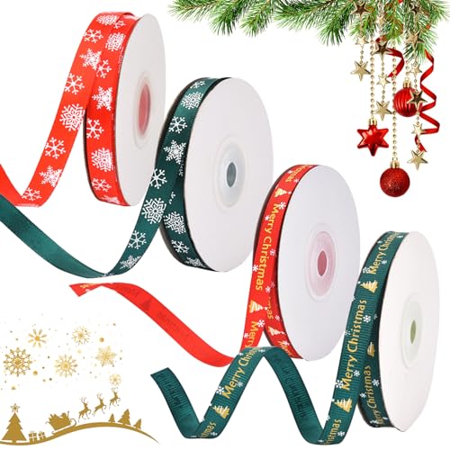 4 Rollen Geschenkband Satinband, Weihnachten Geschenkband Breit, Grün Schleifenband Satinband, Schleifenband Weihnachten, Dekoband Weihnachtsbänder, Weihnachtsbänder Grün/Rot, Christmas Satin Ribbon von QEEROYO