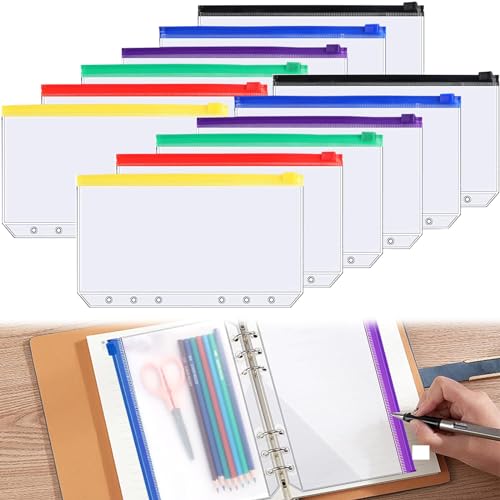 A6 Binder Taschen, 6 Löcher Ordnertaschen, A6 Bindertaschen Mehrfarbige, A6 Löcher Binder Taschen, 6-Loch Reißverschluss Binder, Kunststoff Lose Blätter Taschen, Reißverschluss Bindertaschen, 12 PCS von QEEROYO