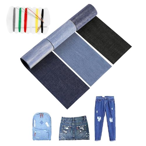 3 Rollen Jean Flicken zum Aufbügeln, 8×50cm Reparatur Patches Kleidung Selbstklebende Bügelflicken, Innen und Außen Denim Patches zum Aufbügeln, für Jeans, Jacken und Taschen, Schals, Handgefertigt von QEEROYO