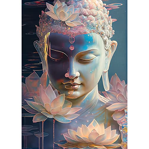 QENSPE 5D Diamond Painting Erwachsene Buddha Statue Diamant Painting Bilder Lotusblume Diamond Art Full DIY Diamant Kunst Malerei Stickerei Set Kreuzstich Bilder Home Wand Dekor 30x40cm Silberfarben von QENSPE