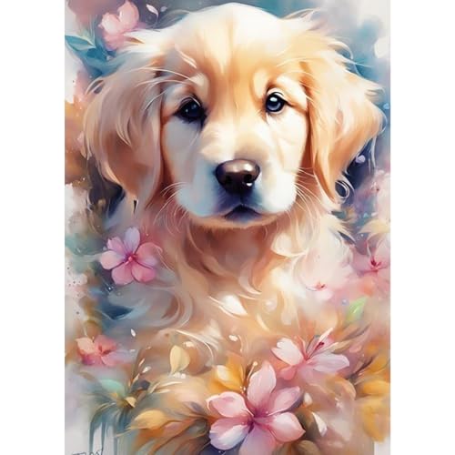 QENSPE 5D Diamond Painting Hund Diamant Painting Bilder DIY Full Rund Diamond Art Set Erwachsene, Hund Blume Diamant Kunst Malerei Stickerei Set Kreuzstich Bilder Home Wand Dekor 30x40cm von QENSPE