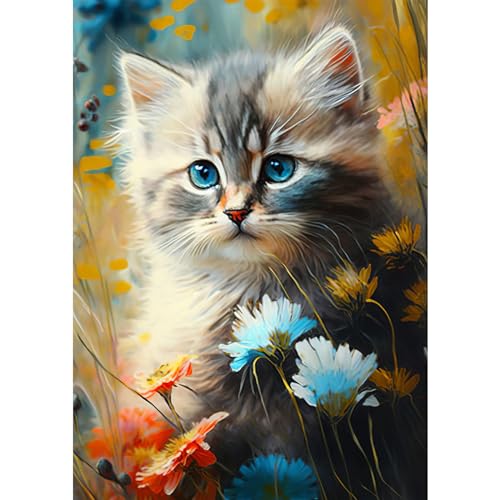 QENSPE 5D Diamond Painting Katze Diamant Painting Bilder Blumen Diamond Art Erwachsene Full DIY Diamant Kunst Malerei Stickerei Set Kreuzstich Bilder Home Wand Dekor 30x40cm / 12x16 inch von QENSPE