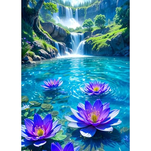 QENSPE 5D Diamond Painting Landschaft Komplett, Lila Lotus Diamond Painting Set für Erwachsene, Wasserfall Diamond Art Malerei DIY Diamant Kunst Handwerk für Anfänger Wand Dekor 30x40 cm von QENSPE