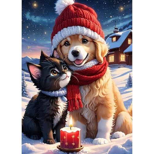 QENSPE 5D Diamond Painting Weihnachten Komplett, Hund Diamond Painting Set für Erwachsene, Katze Diamond Art Malerei DIY Diamant Kunst Handwerk für Anfänger Wand Dekor 30x40 cm von QENSPE