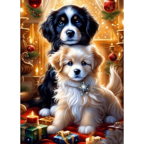 QENSPE 5D Diamond Painting Weihnachten Komplett, Hund Diamond Painting Set für Erwachsene, Welpe Diamond Art Malerei DIY Diamant Kunst Handwerk für Anfänger Wand Dekor 30x40 cm von QENSPE