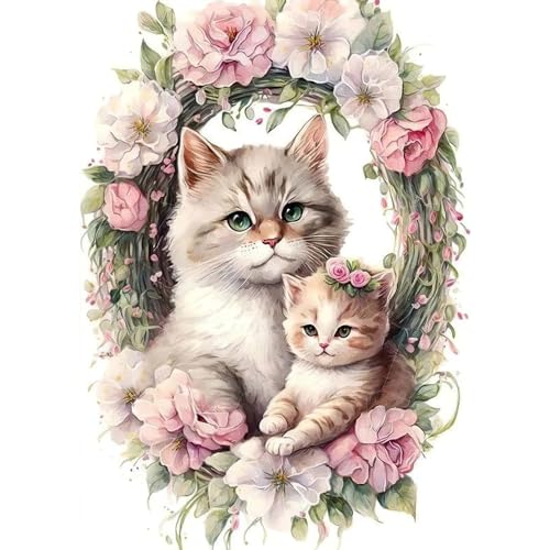 QENSPE 5D Katze Diamond Painting Blumen Diamant Painting Bilder Tier Diamond Art Erwachsene Full DIY Diamant Kunst Malerei Stickerei Set Kreuzstich Bilder Home Wand Dekor 30x40cm / 12x16 inch von QENSPE