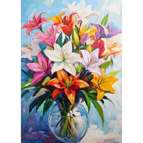 QENSPE Bunte Blumen Diamond Painting Komplett, 5D Diamond Painting Set für Erwachsene, Lilien Diamond Art Malerei DIY Diamant Kunst Handwerk für Anfänger Wand Dekor 30x40 cm von QENSPE