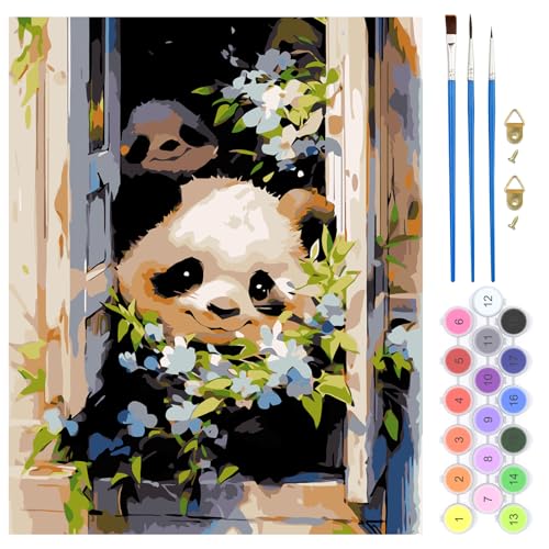 QENSPE DIY Malen nach Zahlen Erwachsene, Panda Malen nach Zahlen Set für Anfänger – 40x50 cm Leinen Leinwand mit 3 Pinsel, Acrylfarbe, Rahmenlos von QENSPE