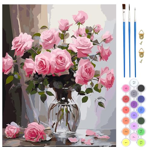 QENSPE DIY Malen nach Zahlen für Erwachsene, Farbe Ölgemälde Blumen Malen nach Zahlen Set für Anfänger – Farbe Leinen Leinwand mit Acrylfarbe und 3 Pinsel, Haus Wand Deko Geschenk 40x50cm - Rosa Rosen von QENSPE