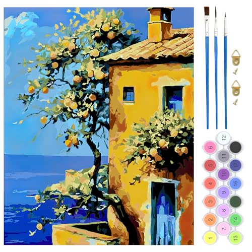 QENSPE DIY Malen nach Zahlen für Erwachsene, Farbe Ölgemälde Landschaft Malen nach Zahlen Set für Anfänger – Farbe Leinen Leinwand mit Acrylfarbe und 3 Pinsel, Haus Wand Deko Geschenk 40x50cm - Haus von QENSPE