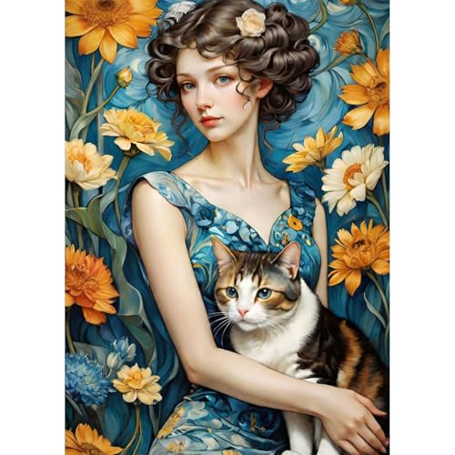 QENSPE Dame und Katze Diamond Painting Set für Erwachsene, 5D Diamond Painting Dame Diamond Art mit Werkzeugen, Kristall Diamant Kunst DIY Handwerk für Haus Zimmer Wand Dekor 30x40 cm von QENSPE