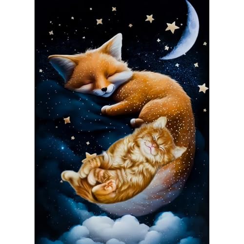 QENSPE Diamond Painting Fuchs 5D Diamant Komplett, Katze Diamant Painting Set für Erwachsene, Sternennacht Diamond Art Malerei DIY Diamant Kunst Handwerk für Anfänger Wand Dekor 30x40 cm von QENSPE