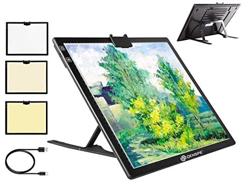 QENSPE Leuchttisch A3 Kabellos, LED Light Pad für Diamond Painting, Leuchtkasten Kinder mit Akku, 3 Farbmodi und 6 Helligkeitsstufen, Stufenlos Dimmbar, Leuchtplatte mit Ständer und Magnetisch Clip von QENSPE