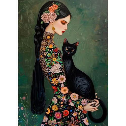 QENSPE Klassische Diamond Painting Set für Erwachsene, 5D Diamond Painting Dame und Schwarze Katze Diamond Art Anfänger DIY Kristall Strass Diamant Kunst Handwerk für Home Wand Dekor 30x40 cm von QENSPE