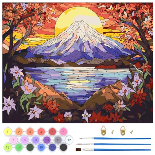 QENSPE Malen Nach Zahlen Erwachsene, DIY Handgemalt Ölgemälde Kit für Anfänger und Erwachsene Mit 3-Pinseln und Acrylfarbe, Ohne Rahmen Paint by Numbers Adult 40x50CM (Mt. Fuji Landschaft) von QENSPE