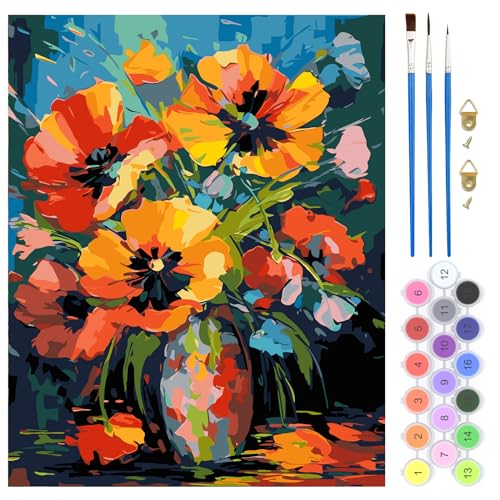 QENSPE Malen Nach Zahlen Erwachsene, DIY Handgemalt Ölgemälde Kit für Anfänger und Erwachsene Mit 3-Pinseln und Acrylfarbe, Ohne Rahmen Paint by Numbers Adult 40x50cm (Blumen Vase) von QENSPE