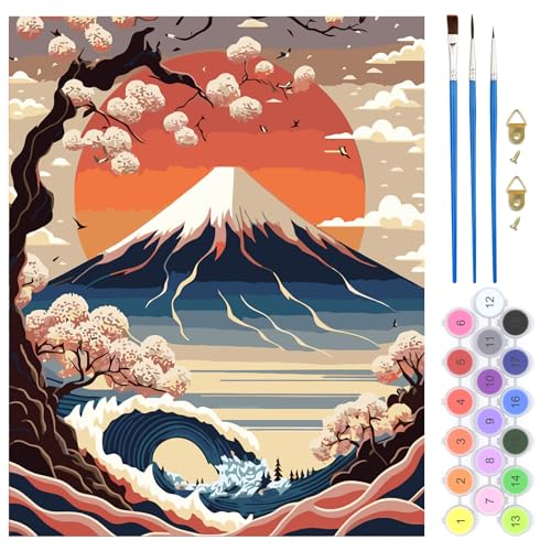 QENSPE Malen Nach Zahlen Erwachsene Mt. Fuji Landschaft Mit Knitterfreie Leinwand, Pinsels Und Acrylfarbe - Diy Paint by Numbers Handgemalt öLgemäLde Kit Als Geschenk 40 x 50cm von QENSPE