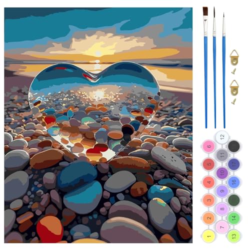 QENSPE Malen Nach Zahlen Set Herz Strand, Landschaft Malen Nach Zahlen für Erwachsene, DIY Paint by Numbers für Anfänger mit Pinseln, Wand Kunst Dekor Geschenke 40x50cm, Rahmenlos von QENSPE