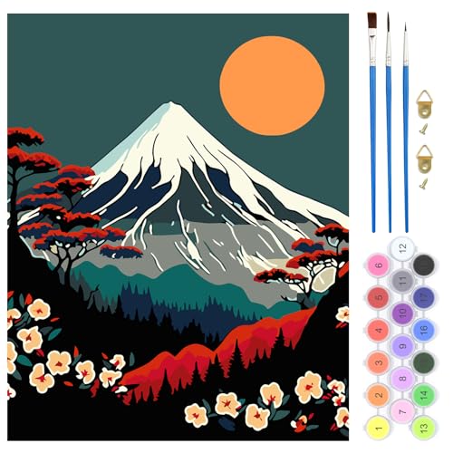 QENSPE Malen Nach Zahlen Set Landschaft, Mt. Fuji Malen Nach Zahlen für Erwachsene, DIY Paint by Numbers für Anfänger mit Pinseln, Wand Kunst Dekor Geschenke 40x50cm, Rahmenlos von QENSPE