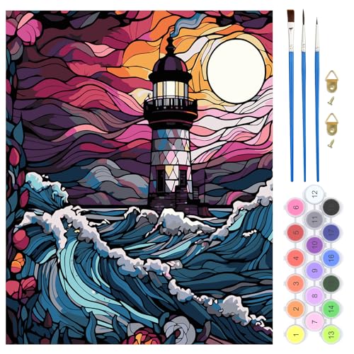 QENSPE Malen Nach Zahlen Set Leuchtturm, Meer Malen Nach Zahlen für Erwachsene, DIY Paint by Numbers für Anfänger mit Pinseln, Wand Kunst Dekor Geschenke 40x50cm, Rahmenlos von QENSPE