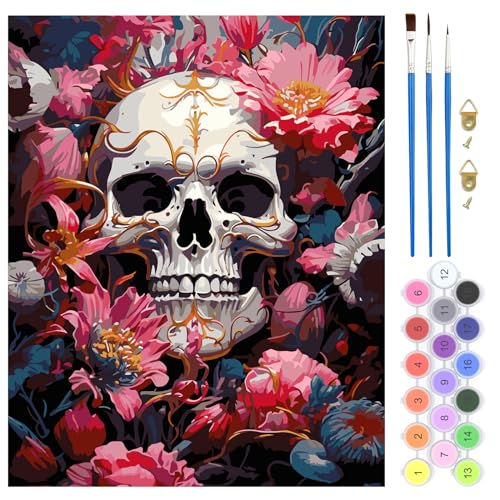 QENSPE Malen Nach Zahlen Set Totenkopf, Blume Malen Nach Zahlen für Erwachsene, DIY Paint by Numbers für Anfänger mit Pinseln, Wand Kunst Dekor Geschenke 40x50cm, Rahmenlos von QENSPE