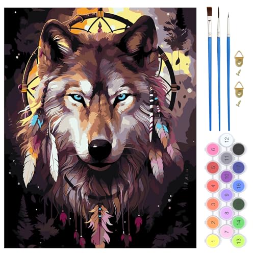 QENSPE Malen Nach Zahlen Set Wolf, Traumfänger Malen Nach Zahlen für Erwachsene, DIY Paint by Numbers für Anfänger mit Pinseln, Wand Kunst Dekor Geschenke 40x50cm, Rahmenlos von QENSPE