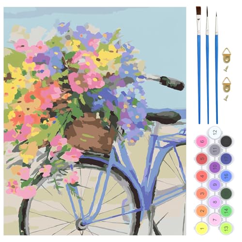 QENSPE Malen nach Zahlen Blume für Erwachsene, DIY Farbe Ölgemälde Malen nach Zahlen Set für Anfänger – Farbe Leinen Leinwand mit Acrylfarbe und 3 Pinsel, Haus Wand Deko 40x50cm - Fahrrad von QENSPE