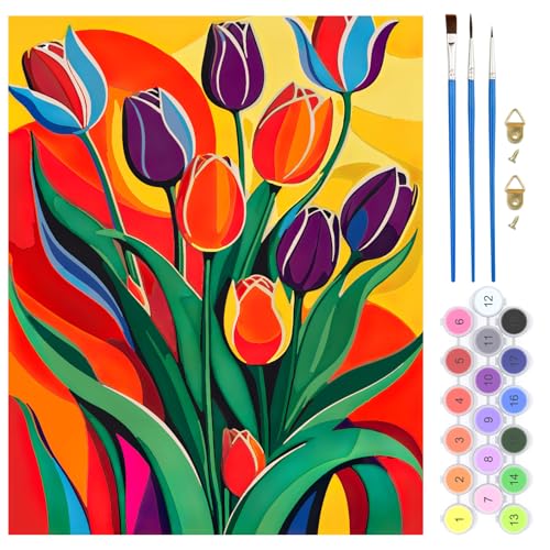 QENSPE Malen nach Zahlen Blumen für Erwachsene, DIY Farbe Ölgemälde Malen nach Zahlen Set für Anfänger – Farbe Leinen Leinwand mit Acrylfarbe und 3 Pinsel, Haus Wand Deko 40x50cm - Lilien von QENSPE