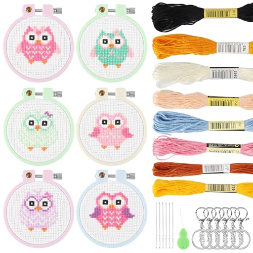 QENSPE Stickerei Anfänger Kit, 6 Stück Eule Muster Mini Kreuzstich Set mit 6 Kunststoff Stickerei Hoops, Bunte Fäden, Anleitungen und Werkzeuge, für DIY-Handwerk, Mädchen Rucksack Dekoration von QENSPE