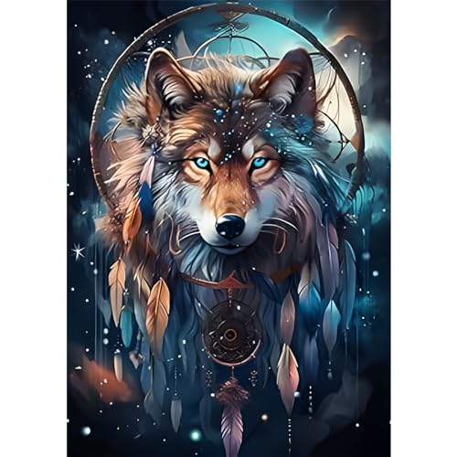 QENSPE Wolf Diamant Painting Bilder Kinder,5D Traumfänger Diamond Painting Set für Erwachsene,DIY Diamant Kunst Strass Bilder Kits,Runde Steine Diamant Painting Zuhause Dekor 30x40cm von QENSPE