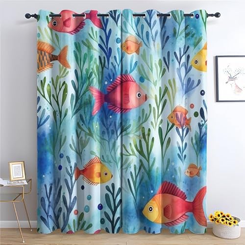 QEODAH Fische Kinder Vorhänge Unterwasser Vorhang Blickdicht Ösenvorhang Verdunklungsvorhänge Gardinen Wohnzimmer Schlafzimmer Kinderzimmer Fenster Deko Blackout Curtain 2er Set H 137 x B 117 cm von QEODAH