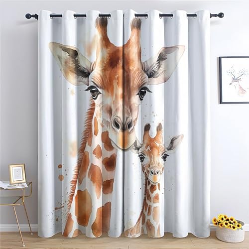 QEODAH Vorhänge Giraffe Kinder Gardinen mit Ösen, Vorhang Blickdicht, Verdunklungsvorhänge, Schlafzimmer Wohnzimmer & Kinderzimmer Deko, Blackout Curtain 2er Set H 137 x B 117 cm von QEODAH