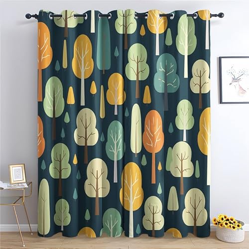 QEODAH Wald Vorhänge Kinder Vorhang Blickdicht Ösenvorhang Verdunklungsvorhänge Gardinen Wohnzimmer Schlafzimmer Kinderzimmer Fenster Deko Blackout Curtain 2er Set H 220 x B 140 cm von QEODAH